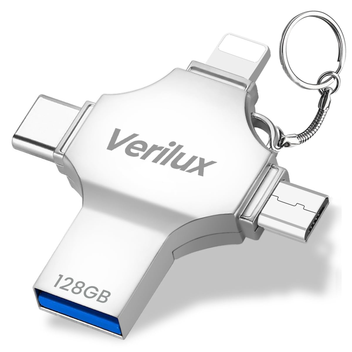 Verilux Pendrive 128GB 4 in 1 Flash Drive with Light-ning, Micro USB, USB A, Type-C Interface Mini Hangable PenDrive for iOS & Android Compatible with iPhone, iPad, Android, PC and More Devices Verilux Pendrive 128GB 4 in 1 Flash Drive with Light-ning, Micro USB, USB A, Type-C Interface Mini Hangable PenDrive for iOS & Android Compatible with iPhone, iPad, Android, PC and More Devices